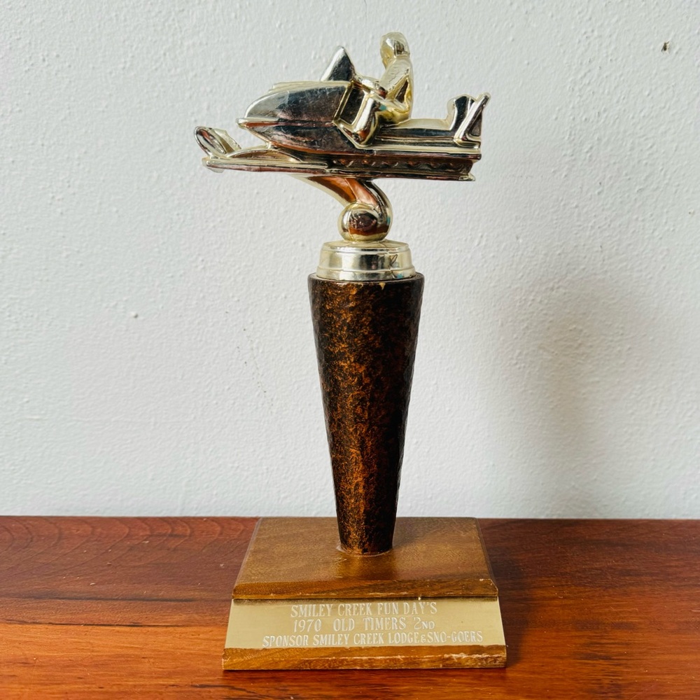 Vintage mid century smiley creek Idaho snow mobile retro trophy